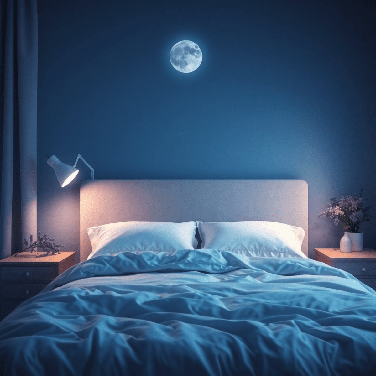 Cozy bedroom at night in blue and lavender hues with fluffy pillows, lavender flowers, and soft moonlight creating a peaceful, restful atmosphere.