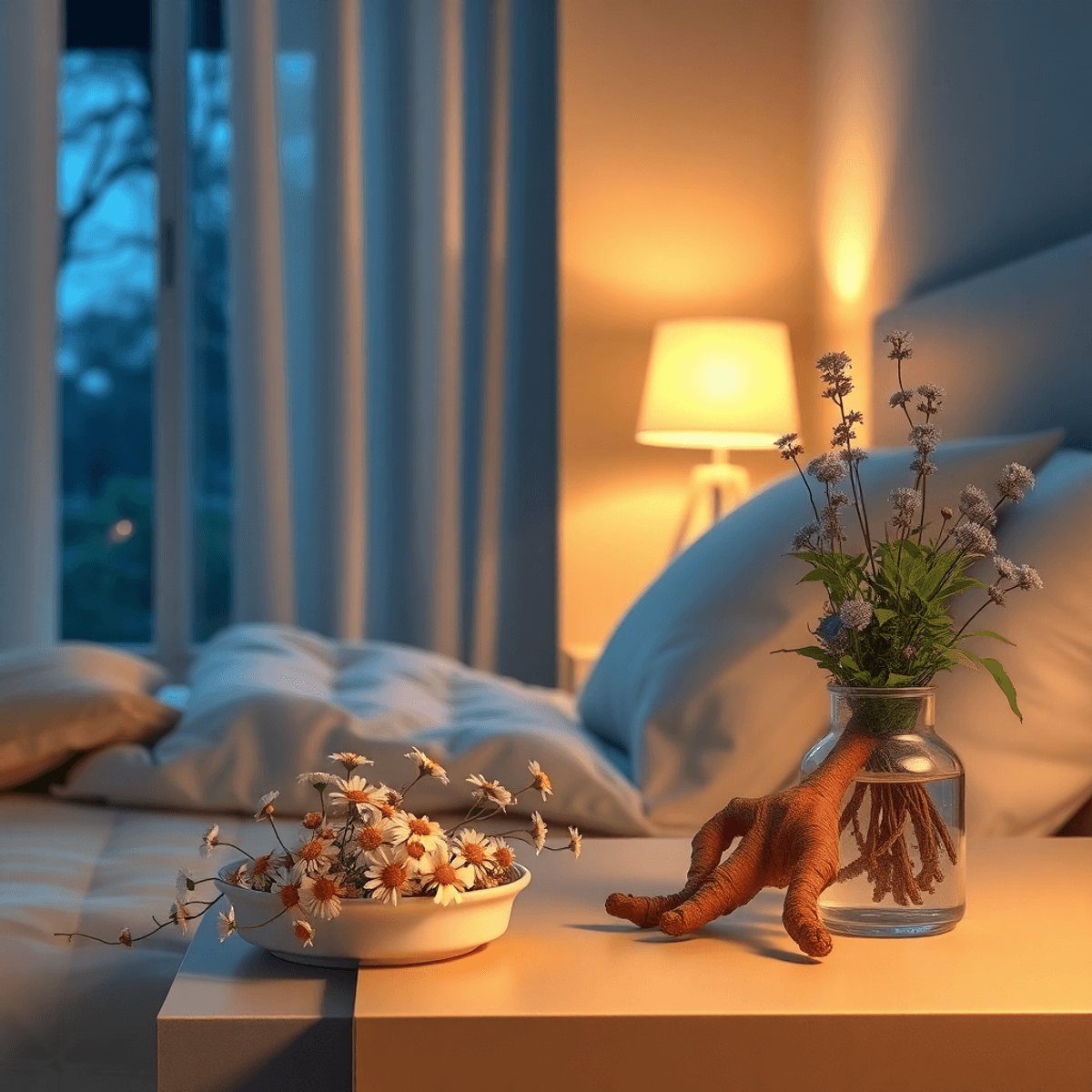 Cozy bedroom at night with a soft glowing lamp, chamomile flowers, and valerian root plants on the nightstand, creating a calm and restful atmosphere.