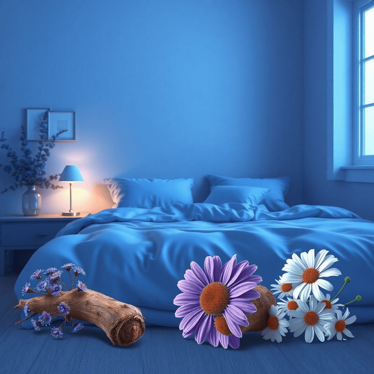 Cozy bedroom at night with soft blue and lavender tones, fluffy pillows, a glowing bedside lamp, and chamomile and valerian flowers nearby.