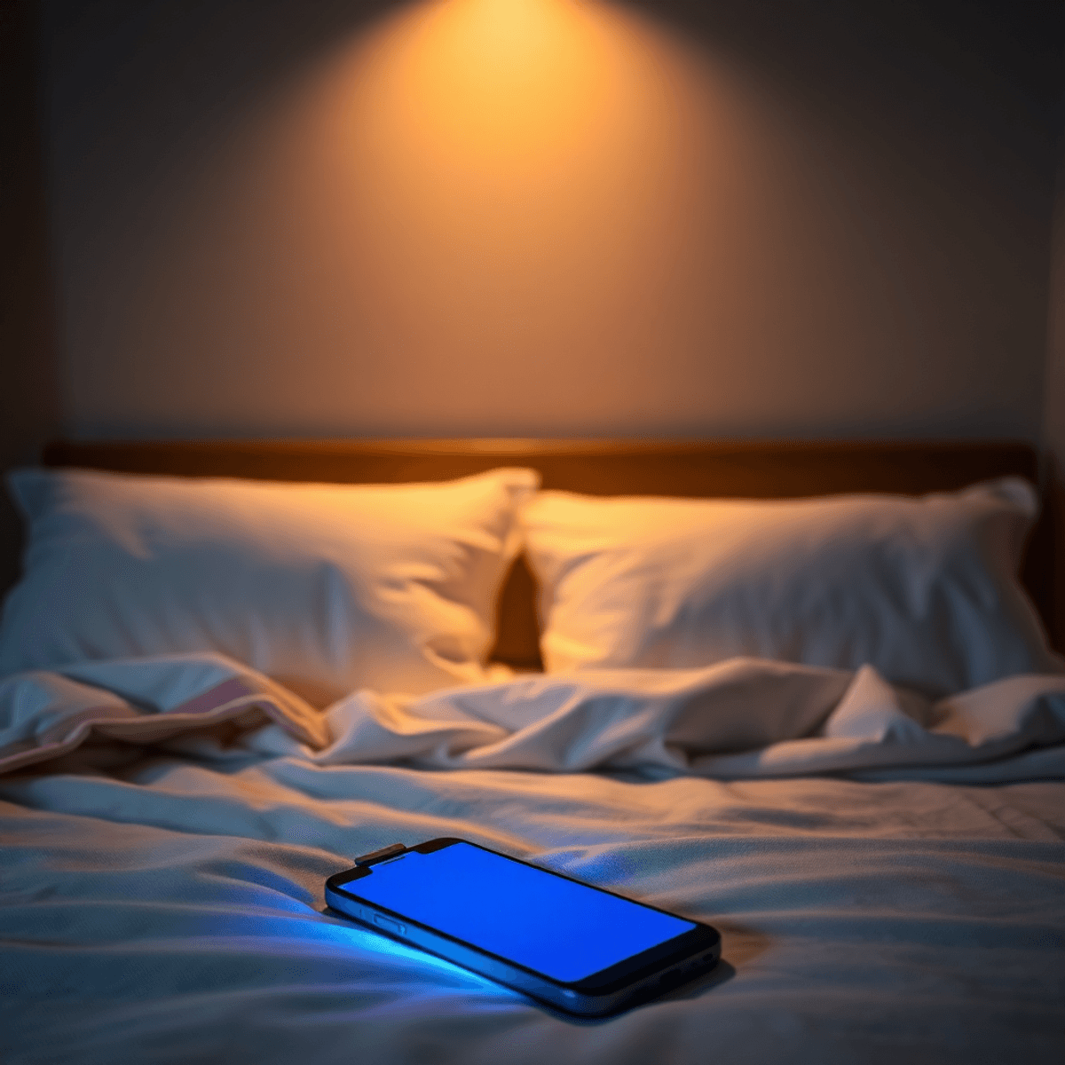 Cozy bedroom at night with warm lighting, a comfortable bed, and a softly glowing smartphone face down to reduce blue light for better sleep.