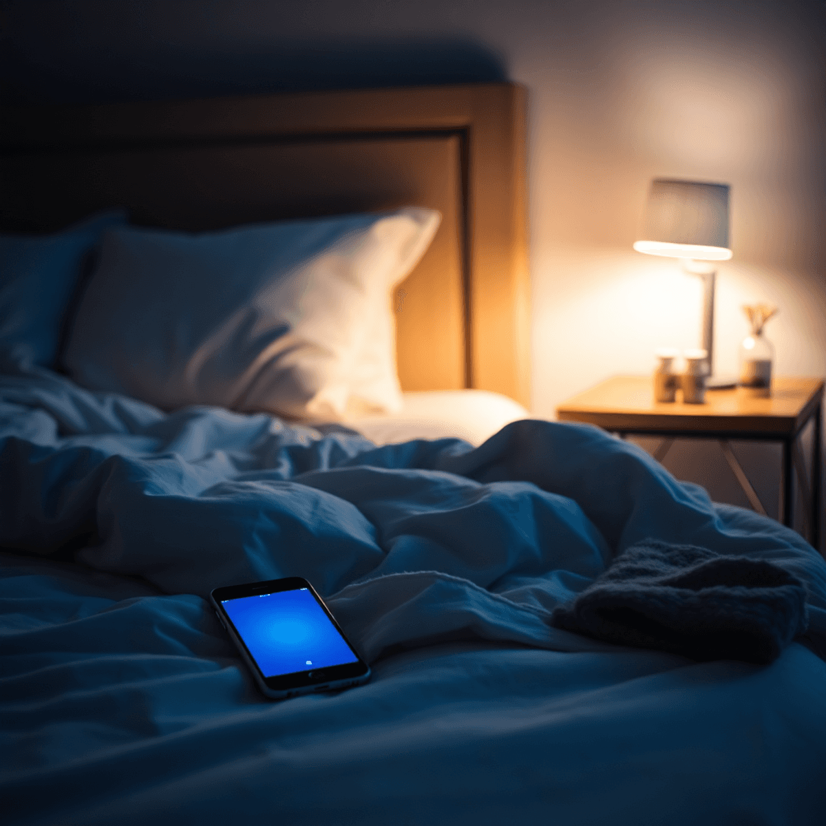 Cozy bedroom at night with warm lighting, a comfortable bed, a smartphone glowing blue on the bedside table, and subtle calming elements symbolizin...