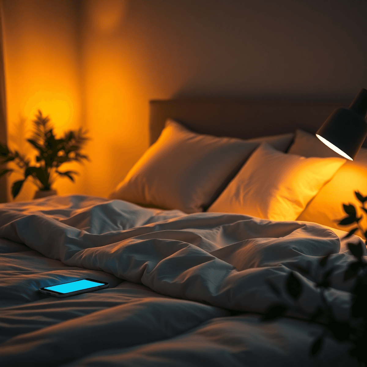 Cozy bedroom at night with warm lighting, a plush bed, smartphone on nightstand glowing blue, and nearby plants creating a calming atmosphere.