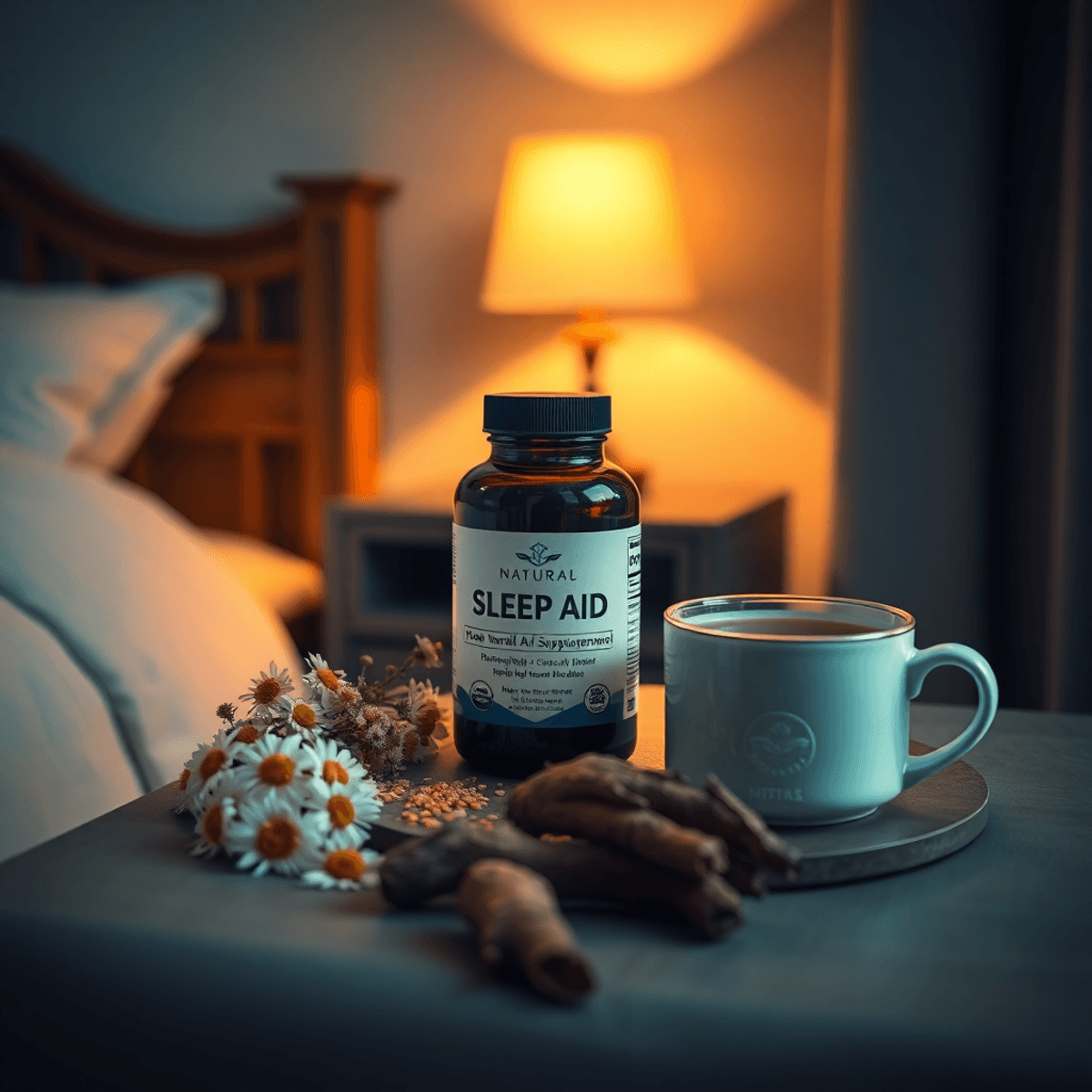 Cozy bedroom at night with warm lighting, bedside table holding sleep aid bottle, chamomile flowers, valerian root, and herbal tea cup for restful ...