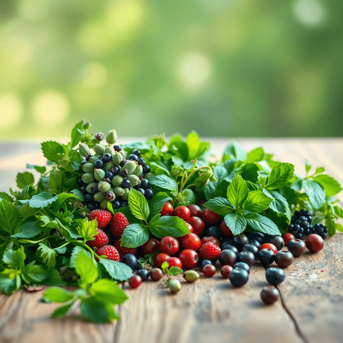 Fresh green herbs and berries on a wooden surface bathed in soft morning light, with abstract shapes in the background symbolizing vitality and wel...