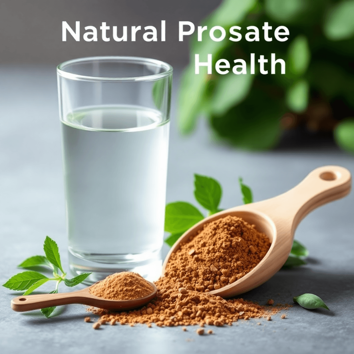 Glass of water with natural powdered supplement and fresh green herbs symbolizing prostate health support.