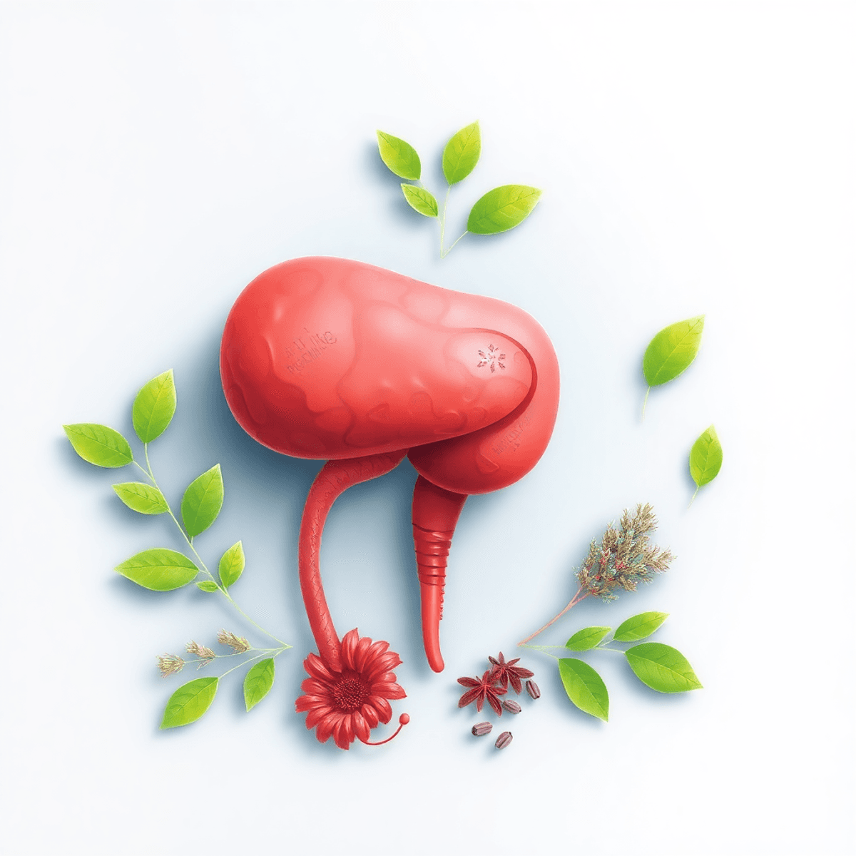 Illustration of a healthy prostate gland surrounded by green leaves and herbs, symbolizing natural prostate health and wellness in a realistic style.