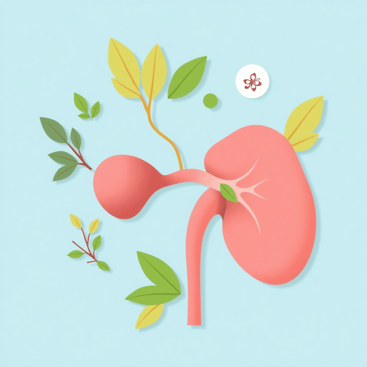 Illustration of a healthy prostate gland with green leaves and herbal symbols on a calming blue background, symbolizing men's health and wellness.