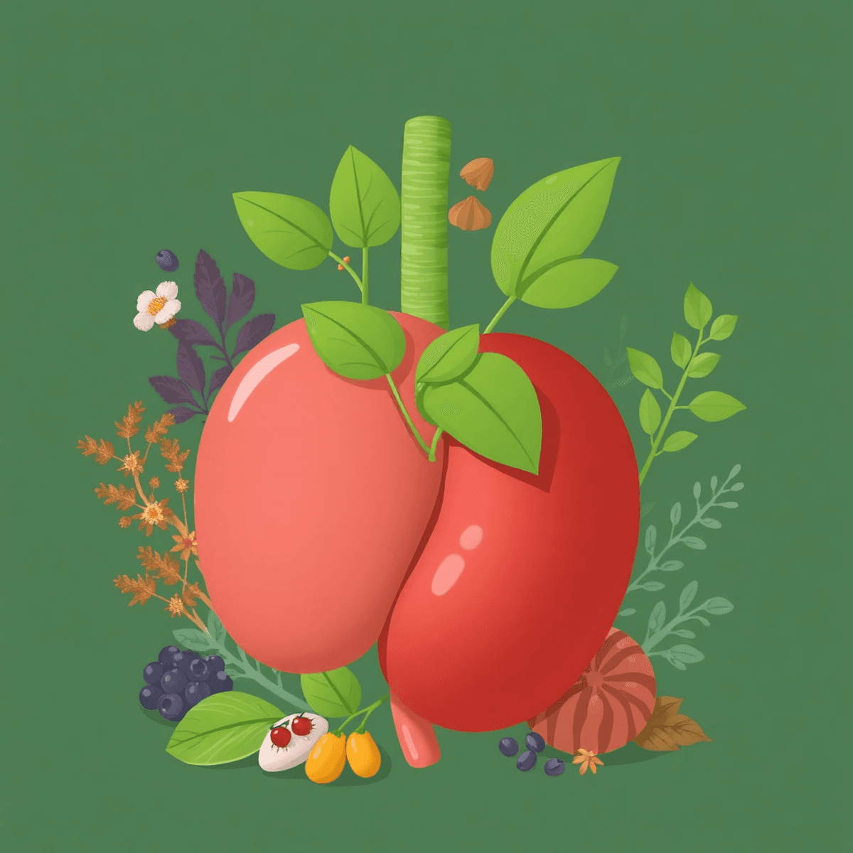 Illustration of a healthy prostate surrounded by green plants and herbs, symbolizing natural prostate health and wellness in a realistic style.