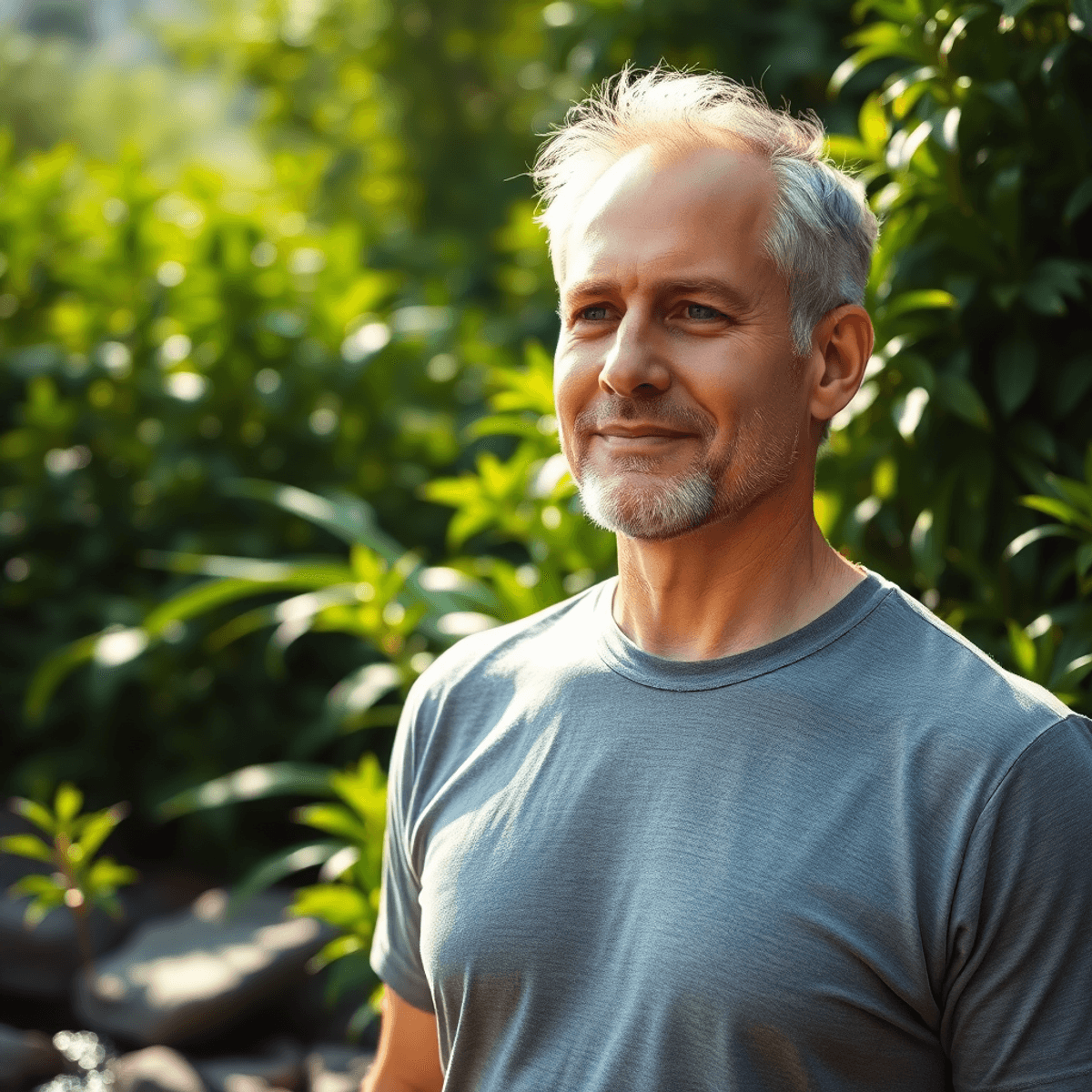 Middle-aged man outdoors among lush greenery and soft sunlight, with flowing water and smooth stones symbolizing balance and natural wellness.