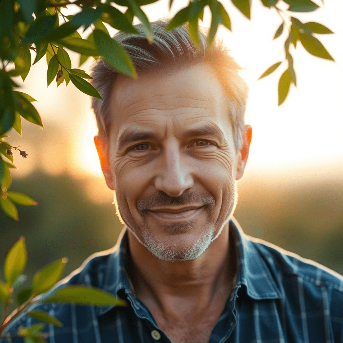 Middle-aged man outdoors at sunrise, calm expression, soft light, surrounded by green leaves and herbs symbolizing natural prostate health suppleme...