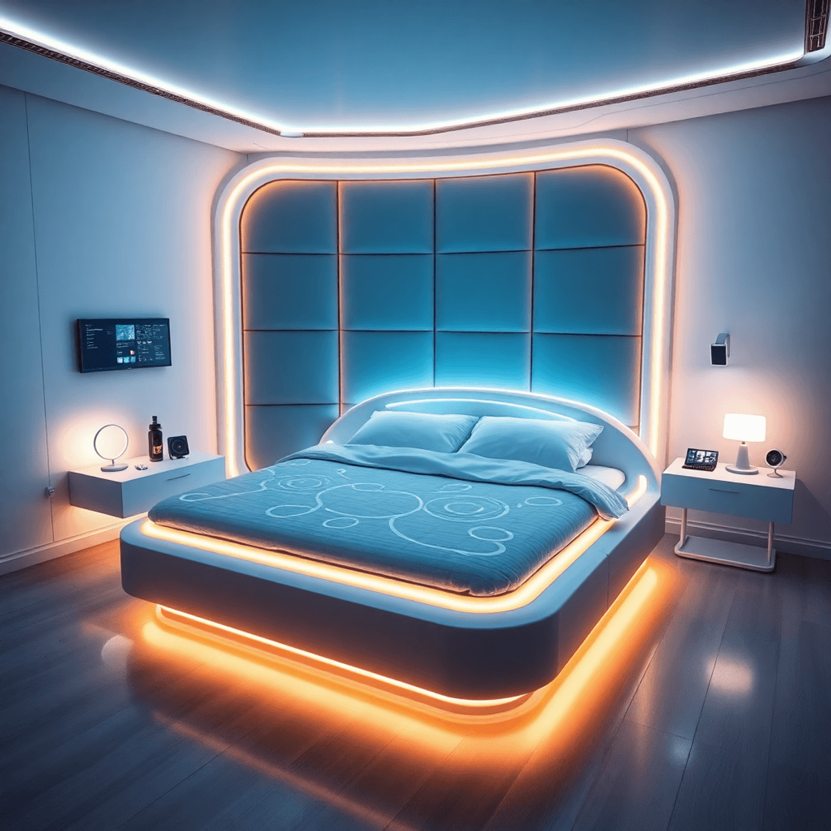 Modern bedroom with a high-tech smart bed, glowing sensors, digital interfaces, wearable trackers, and ambient lighting showcasing advanced sleep t...