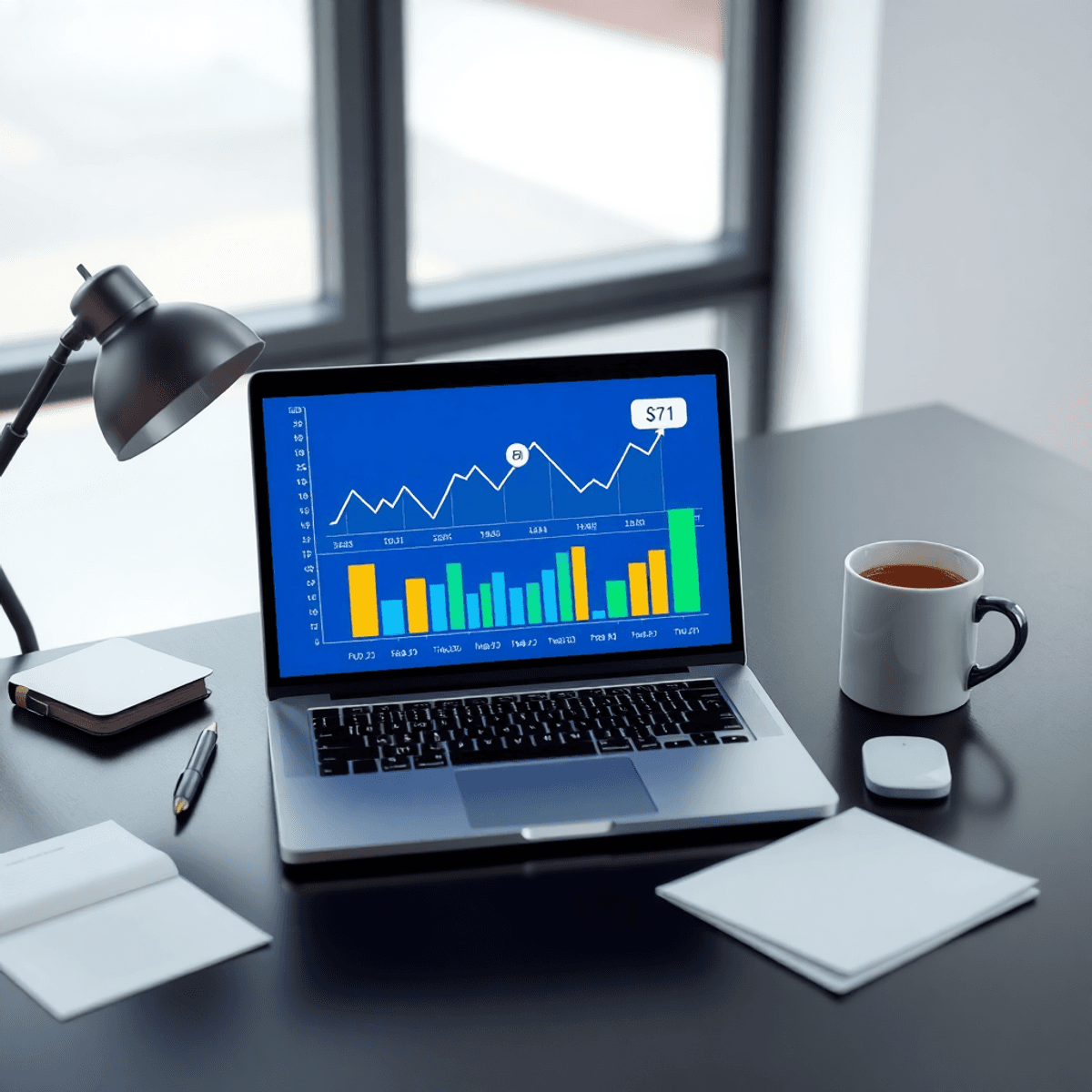 Modern workspace with laptop showing financial graphs and marketing icons, surrounded by notes and coffee, representing online income and digital e...