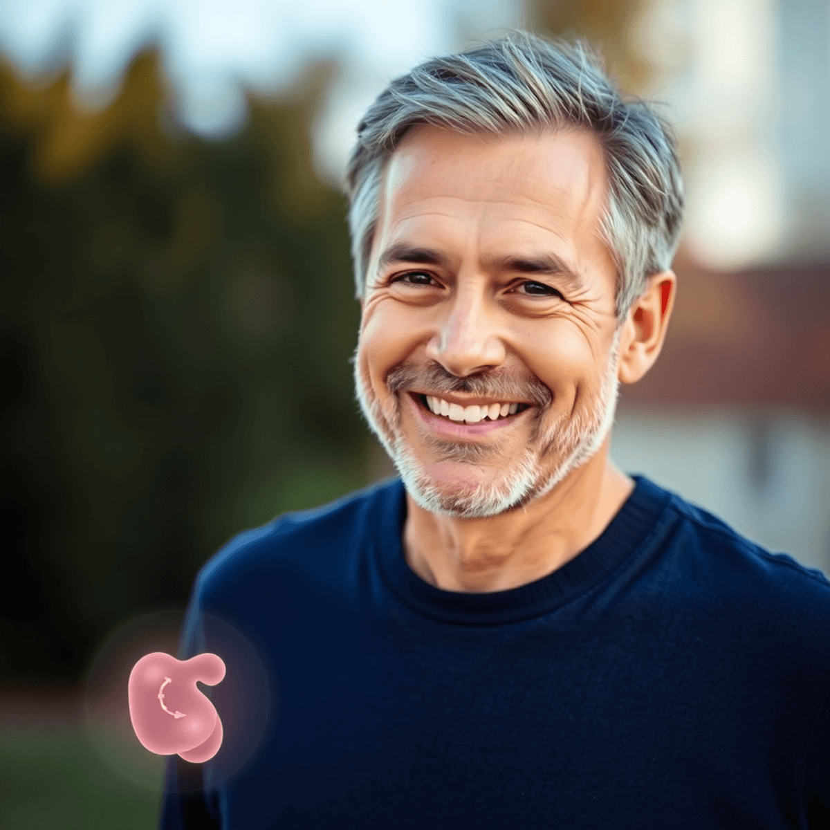 Smiling middle-aged man outdoors with subtle glowing prostate health icon in the background, symbolizing vitality and well-being.
