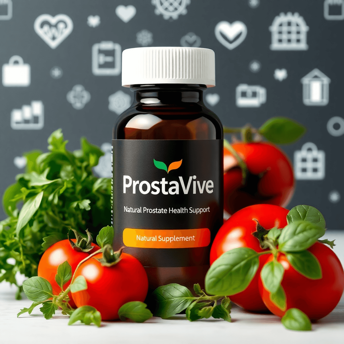 A natural supplement bottle labeled "ProstaVive" surrounded by green herbs and tomatoes, with medical icons in the subtle background.
