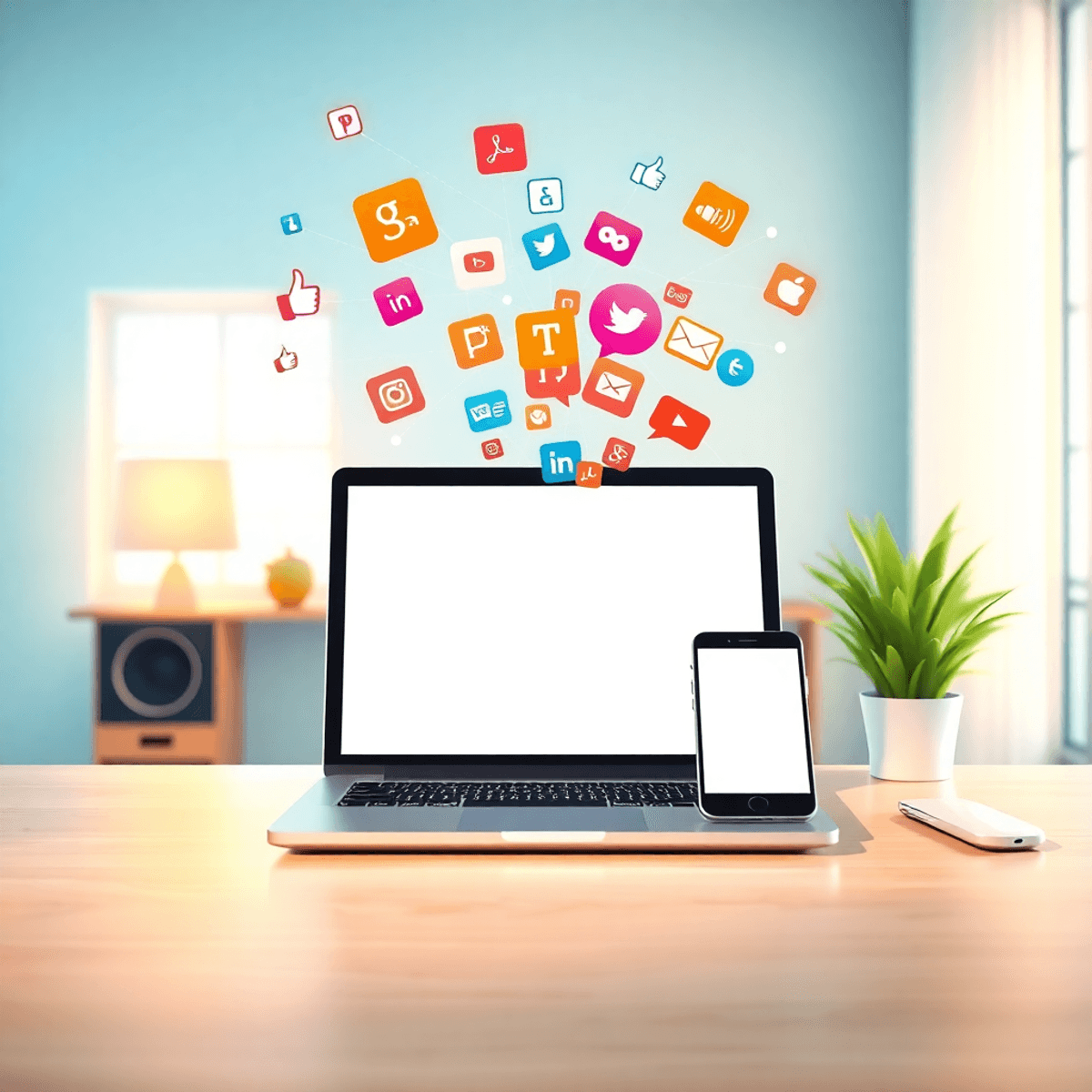 A bright workspace with a laptop and smartphone showing colorful social media icons, surrounded by network lines and thumbs-up symbols on a modern ...