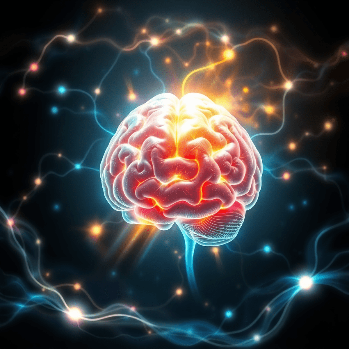 A glowing human brain with bright neural connections and flowing light waves on a dark background, symbolizing energy and brain activity.