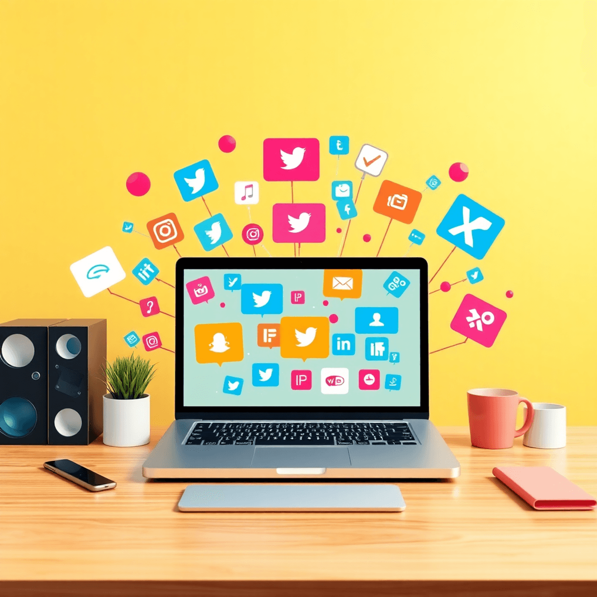 A modern workspace with a laptop showing abstract social media icons and communication symbols on a bright background symbolizing connectivity and ...
