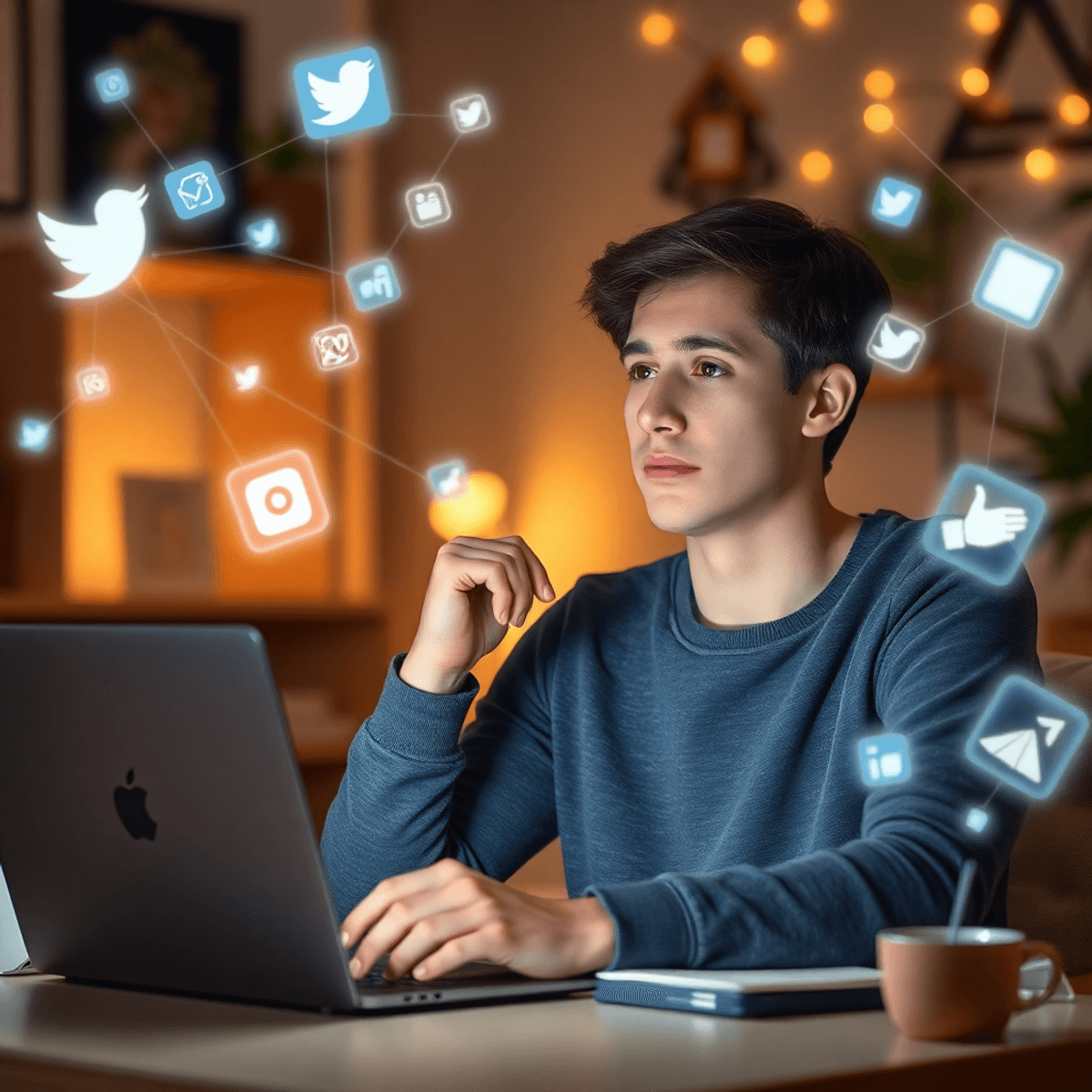 A young adult at a cozy desk with a laptop, surrounded by glowing social media icons and digital network symbols, reflecting remote job challenges.