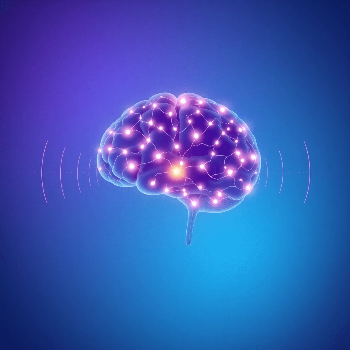 Abstract glowing brain with interconnected neural pathways and radiating sound waves on a blue-purple gradient background symbolizing mental clarity.