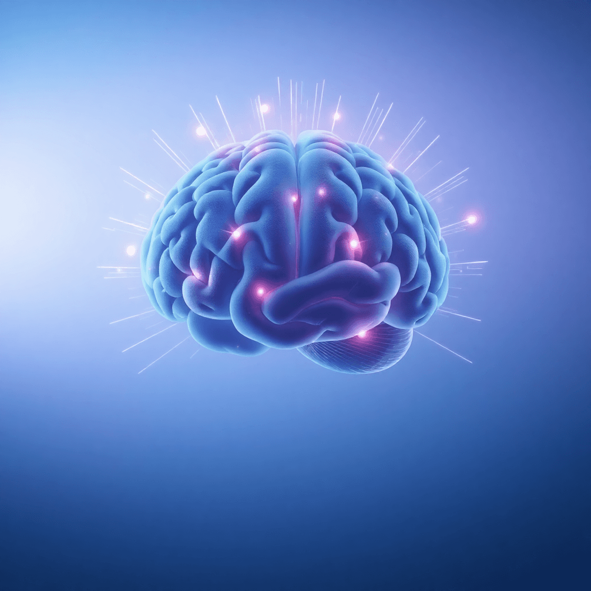 Abstract human brain with glowing waves radiating outward on a soft blue and purple gradient background, symbolizing brainwave stimulation and cogn...