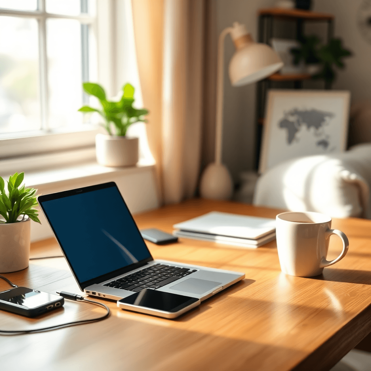 Cozy home workspace with laptop, smartphone, and coffee cup on desk, softly lit by natural window light, evoking flexible remote work and social me...