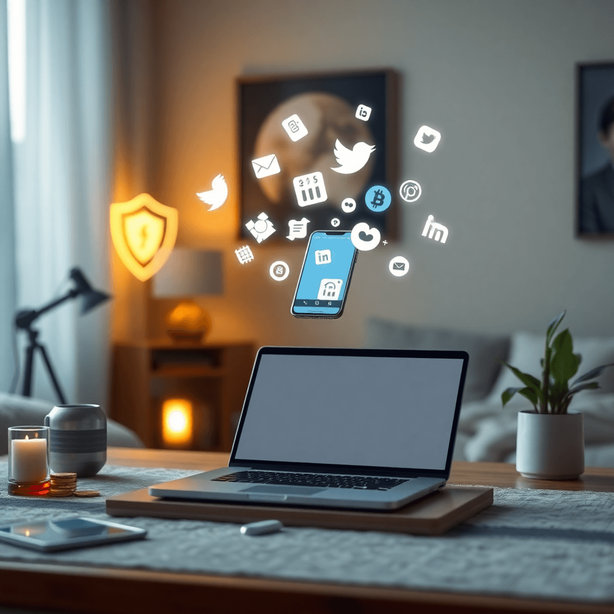 Cozy workspace with laptop, smartphone showing floating social media icons, glowing shield symbolizing protection, and golden coins on a soft, invi...