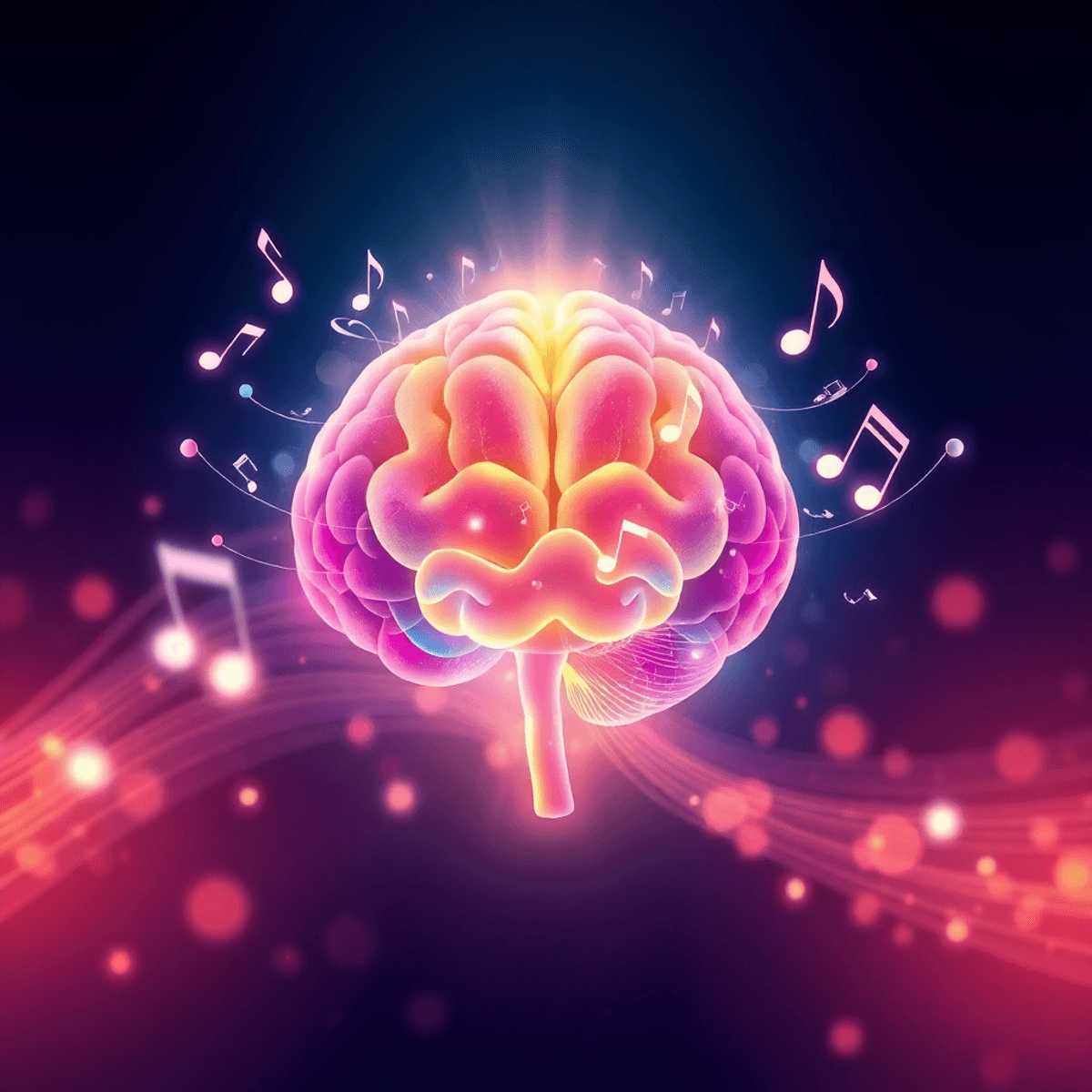 Glowing abstract brain with dynamic waves and musical notes, set against radiant light patterns symbolizing neural activity and cognitive energy.
