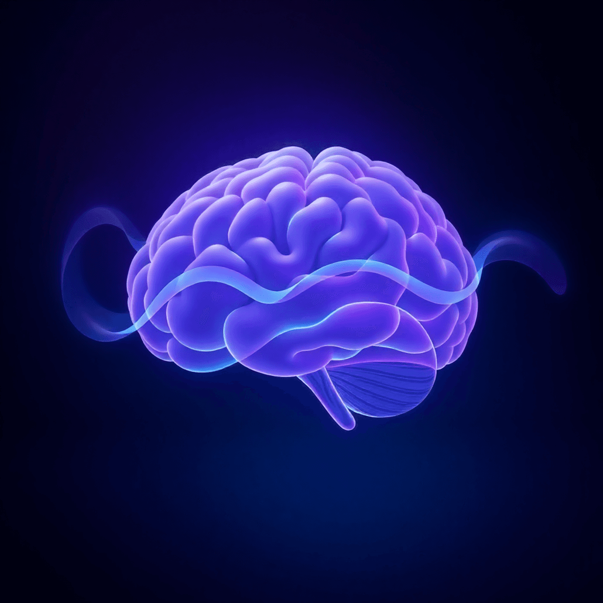 Glowing abstract brain with flowing blue and purple waves on a dark background, symbolizing brainwave activity and cognitive enhancement.