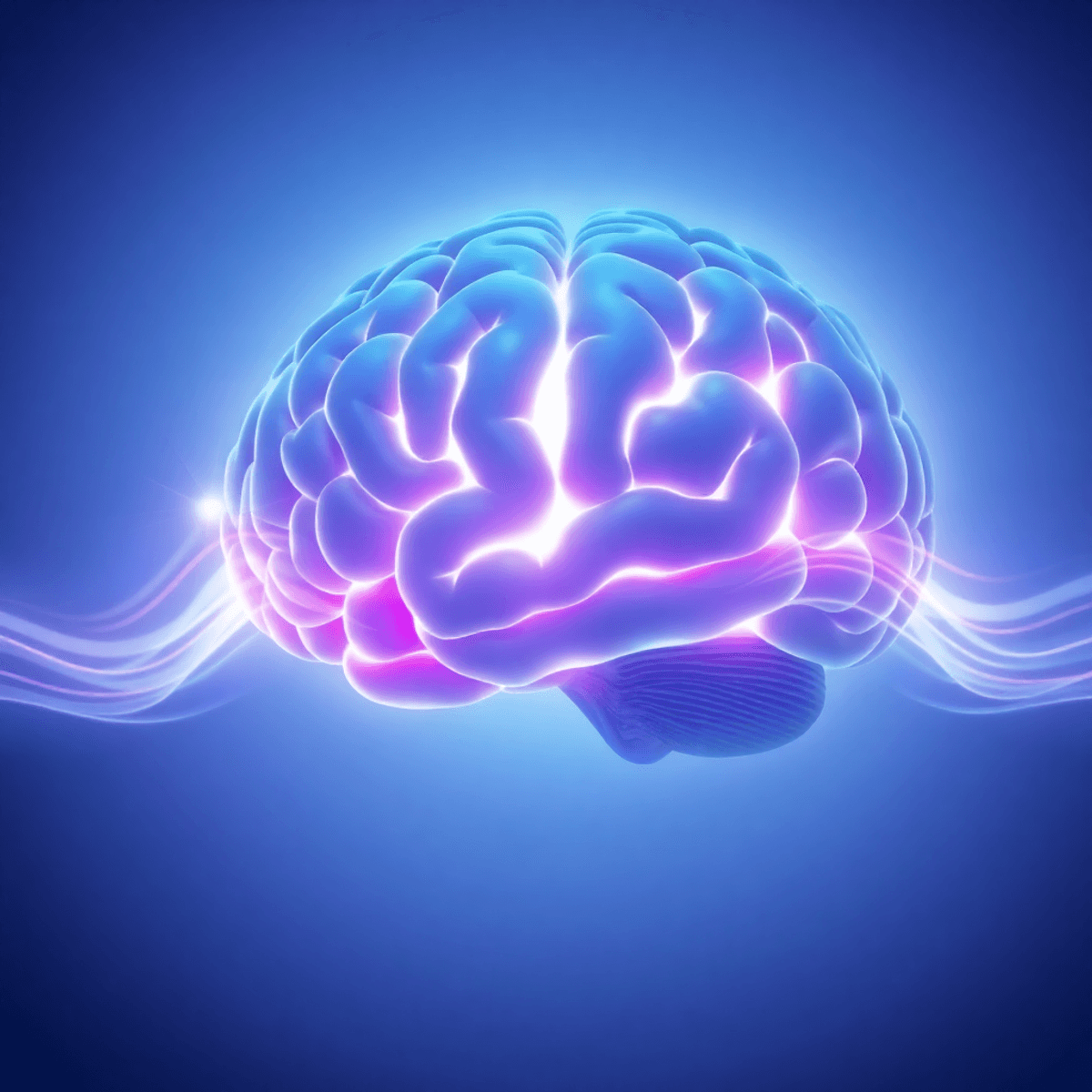 Glowing abstract brain with flowing blue and purple light waves, symbolizing enhanced focus and mental clarity through sound.