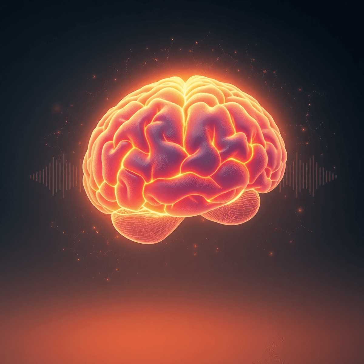 Glowing abstract brain with vibrant gamma waves, surrounded by flowing sound waves and light particles on a calming gradient background.
