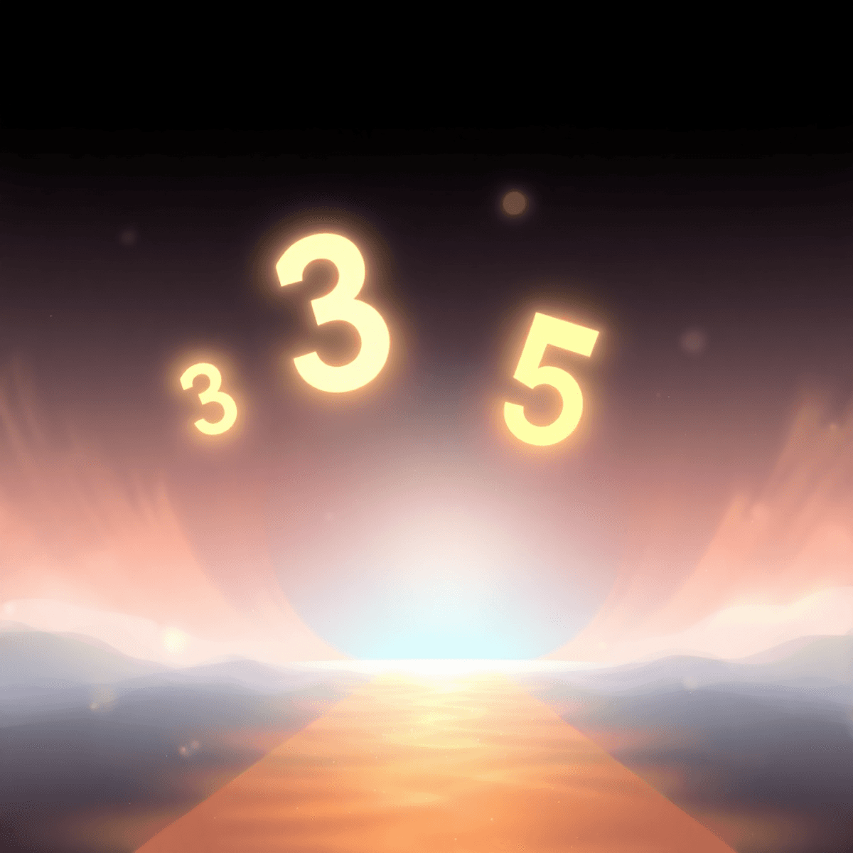 Glowing abstract numbers float above an open radiant pathway leading to a bright horizon, bathed in warm colors with soft sparkles.