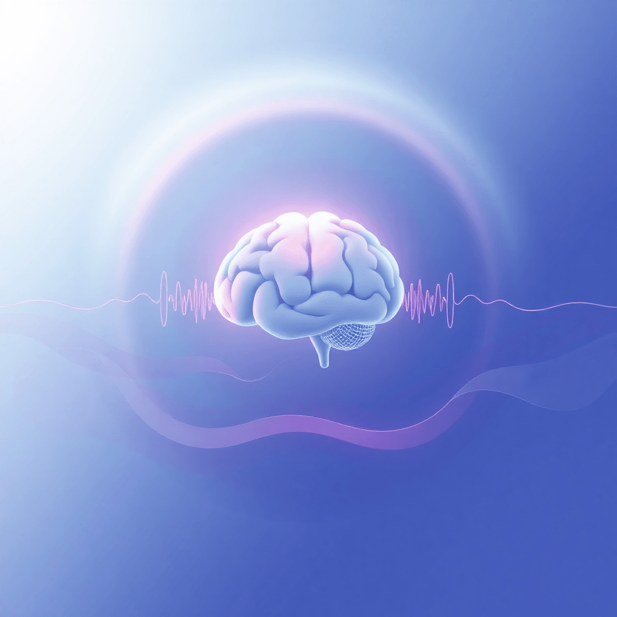 Glowing brain silhouette surrounded by smooth, colorful waves of light against a soft blue and purple gradient background symbolizing sound therapy.