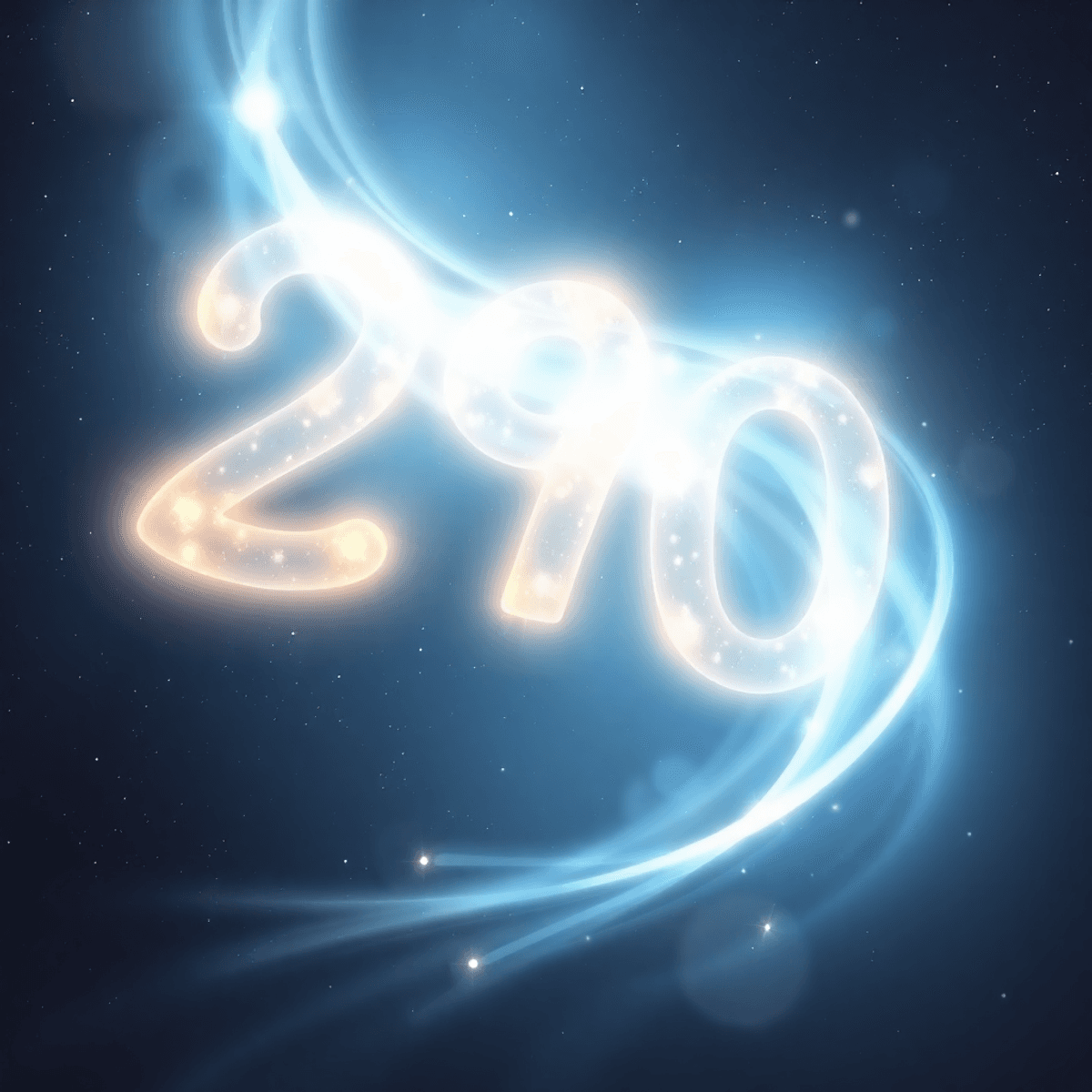 Glowing numbers float amid soft light beams against a starry cosmic backdrop with subtle geometric patterns, evoking a mystical connection between ...