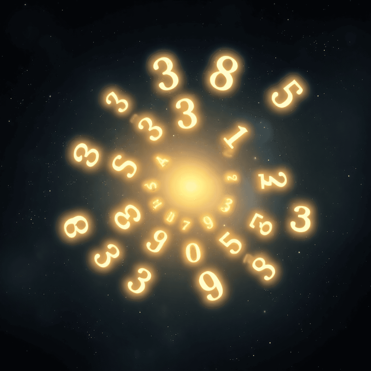 Glowing numbers spiral against a dark starry sky, illuminated by soft beams of light, creating a mystical and ethereal atmosphere.