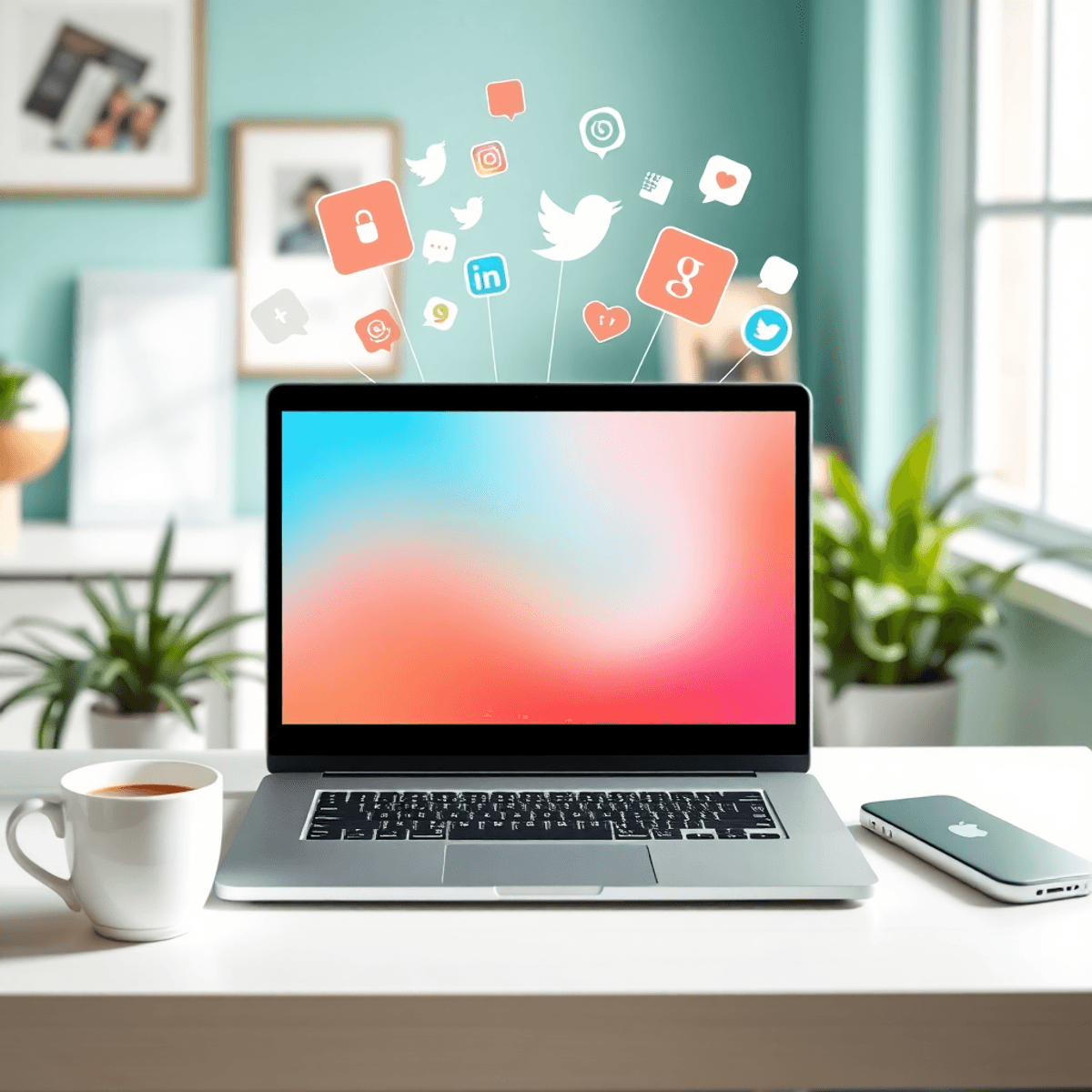 Home office with laptop showing floating social media icons, coffee cup, and plants, creating a cozy and connected remote work atmosphere.
