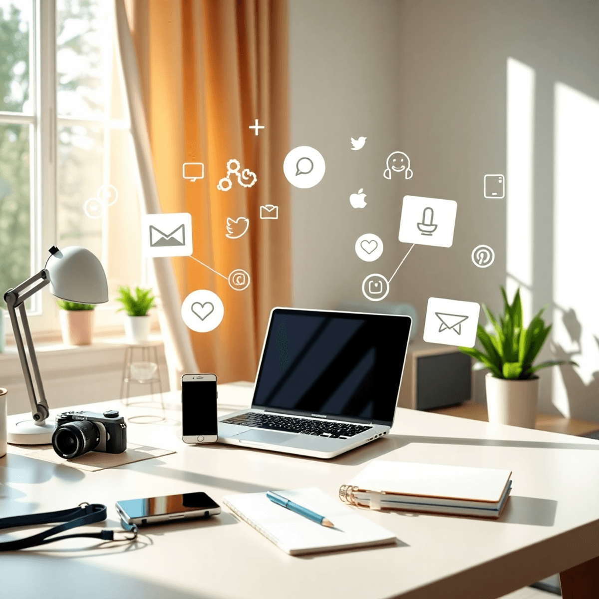 Home office with laptop, smartphone, camera, and notepad on desk, lit by natural light; surrounded by social media icons representing remote digita...