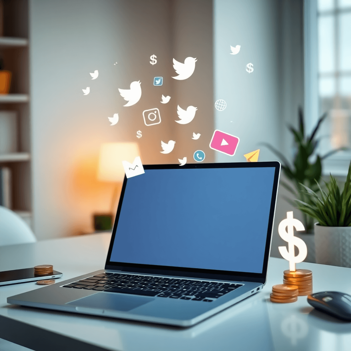 Modern home office with laptop showing floating social media icons and glowing money symbols, symbolizing earning income through social media jobs.