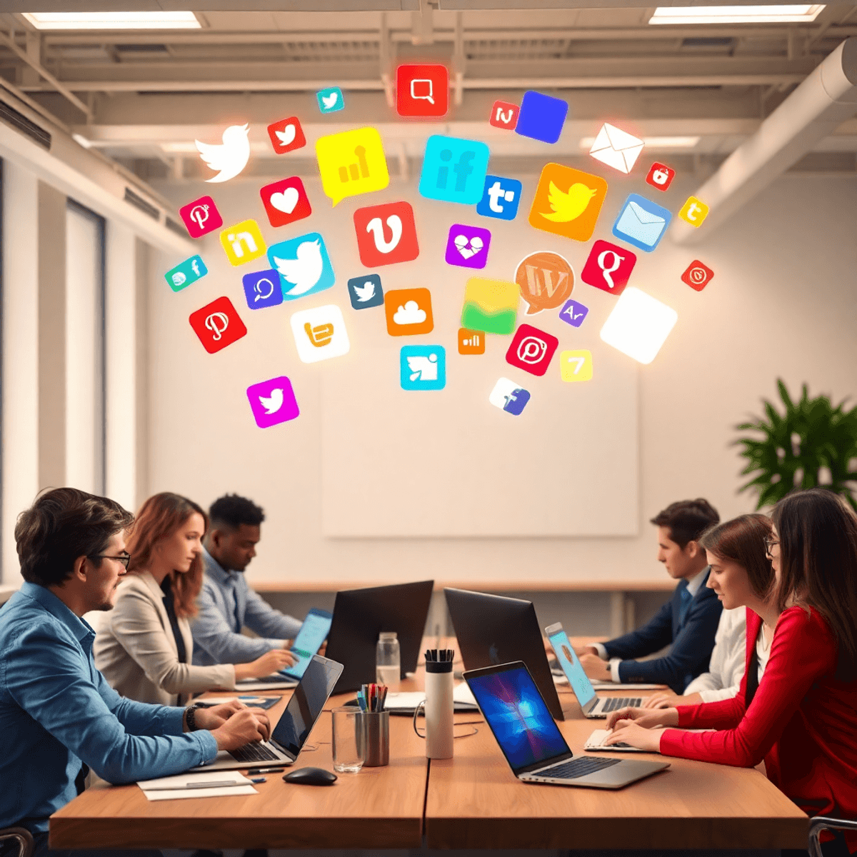 Professionals collaborating in a modern workspace with glowing social media icons floating above digital devices, symbolizing creativity and strategy.