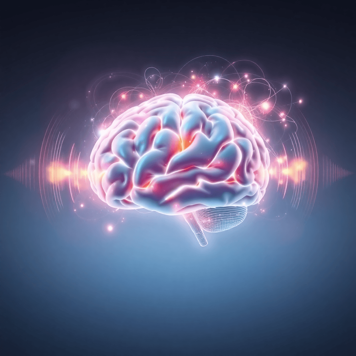 Realistic brain glowing with vibrant soundwaves and light patterns on a calm gradient background, symbolizing enhanced cognition and neural activity.