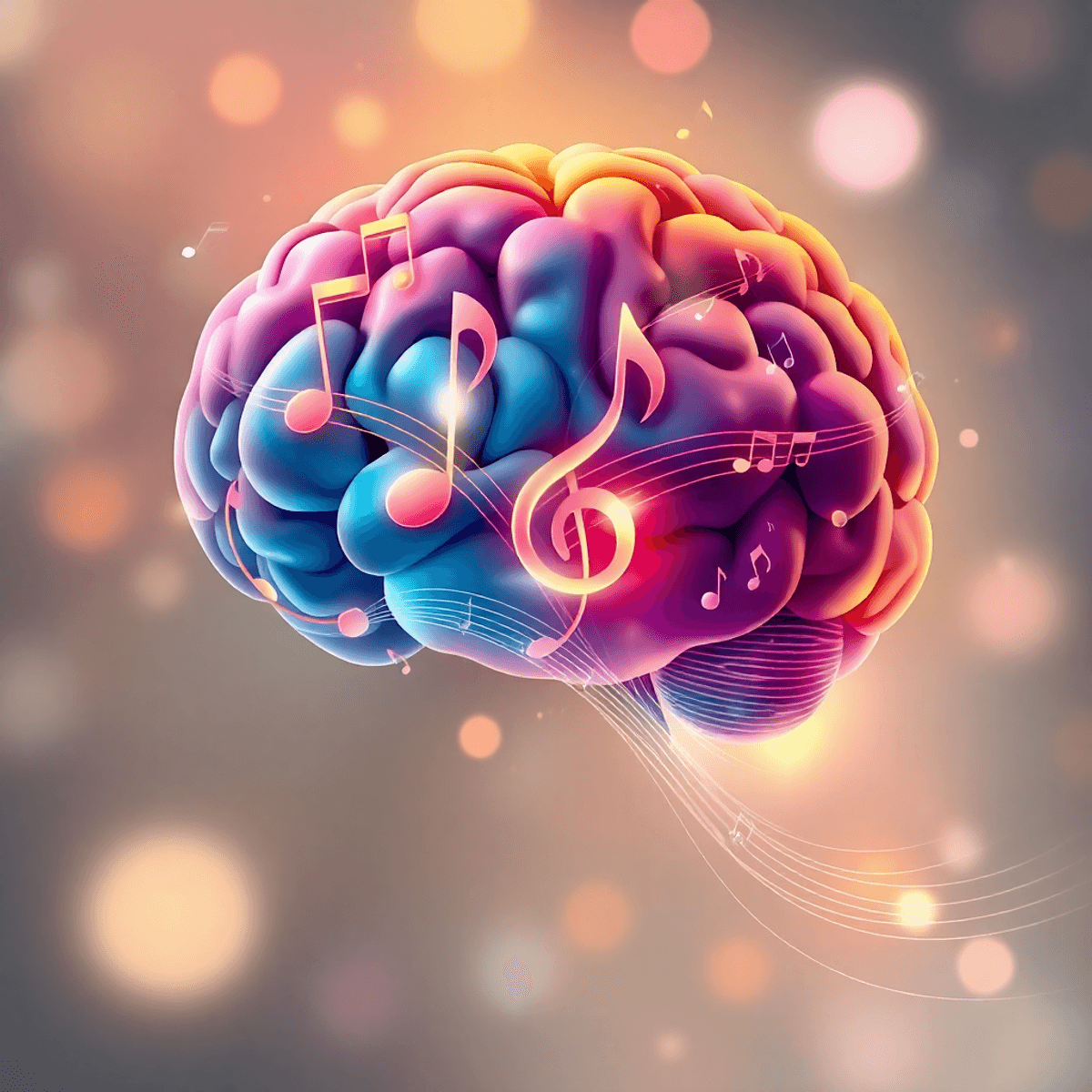Realistic illustration of a human brain intertwined with musical notes and sound waves, set against a glowing background symbolizing music and memo...