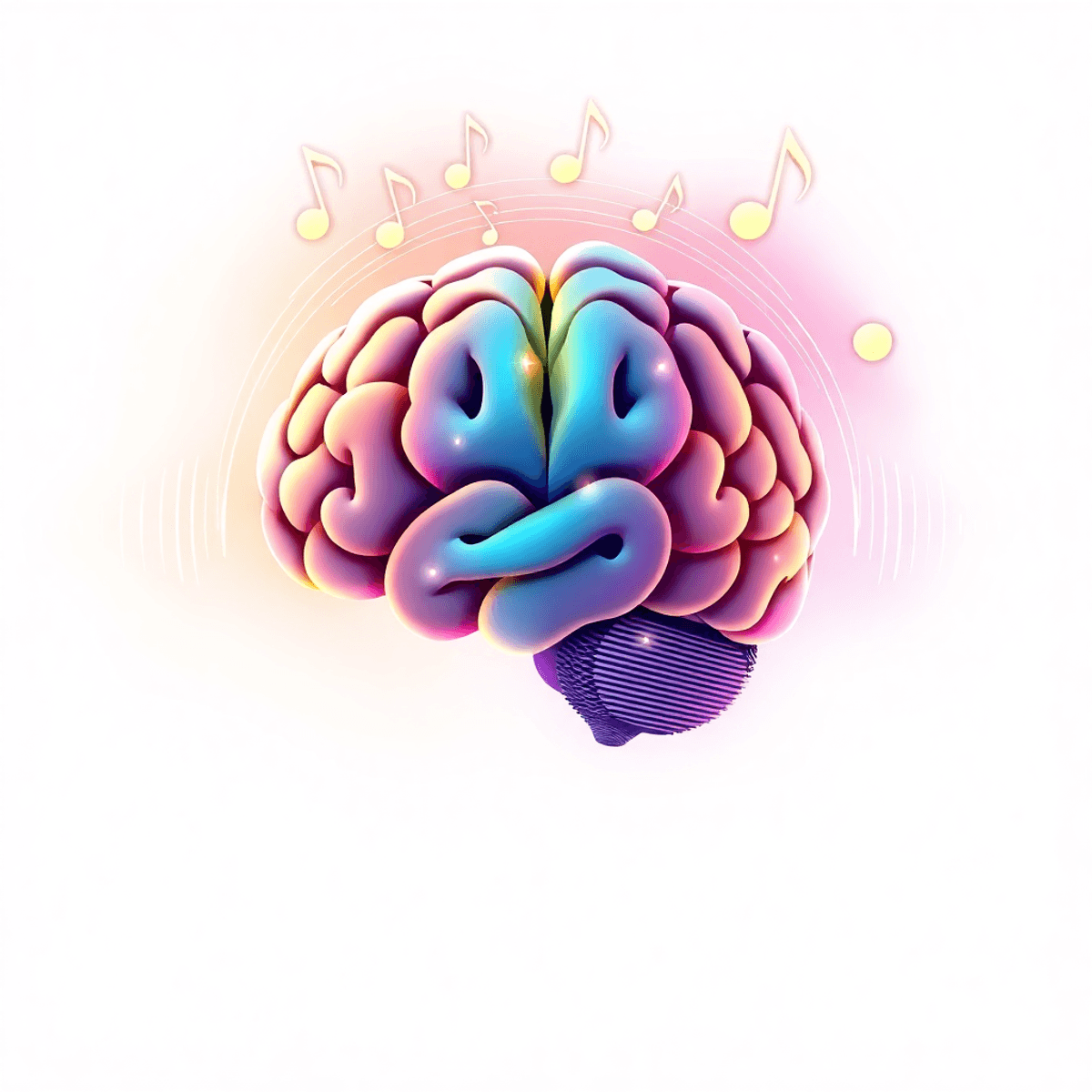 Realistic illustration of a human brain with glowing sound waves and musical notes on a bright background symbolizing audio-stimulated cognitive en...