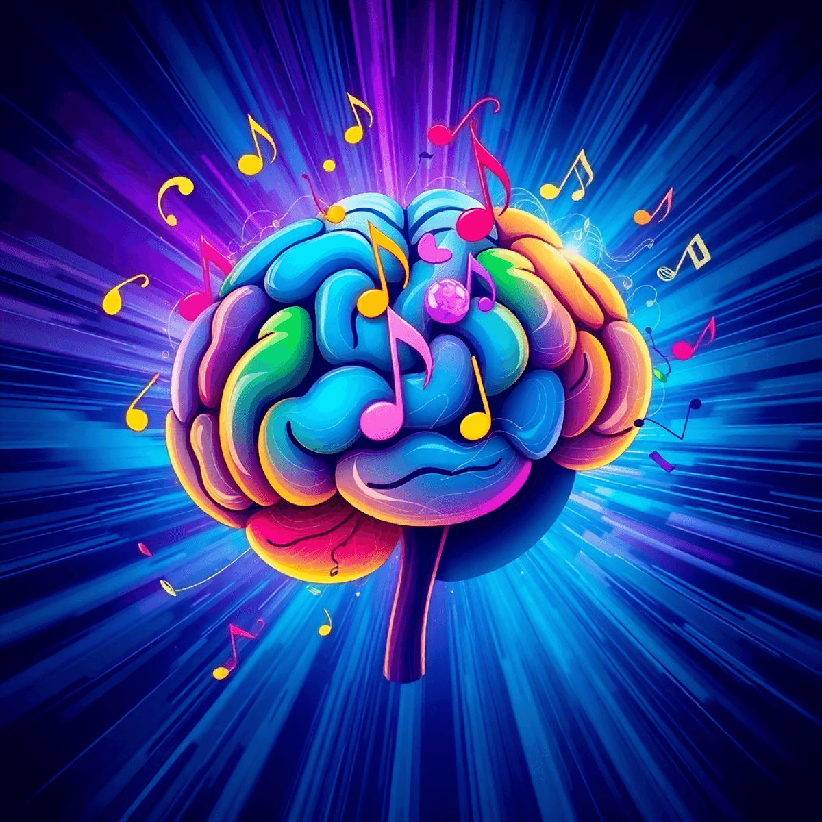 Realistic vibrant brain illustration with colorful musical notes and sound waves on a dynamic blue and purple background symbolizing music and cogn...