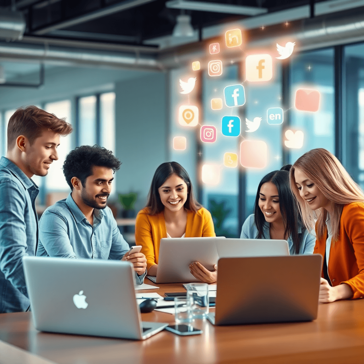 Young professionals collaborating in a modern workspace with glowing social media icons floating above, symbolizing growth and opportunity in digit...