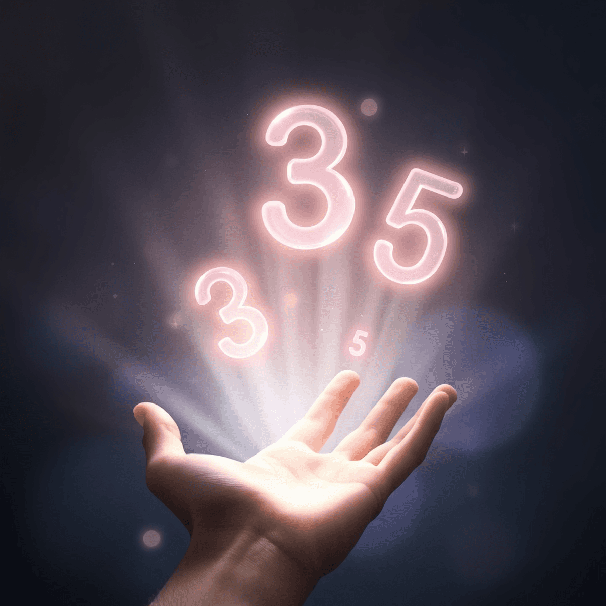 A realistic hand holding softly glowing abstract numbers with light rays and cosmic stars against a soft nebula background, evoking insight and mys...