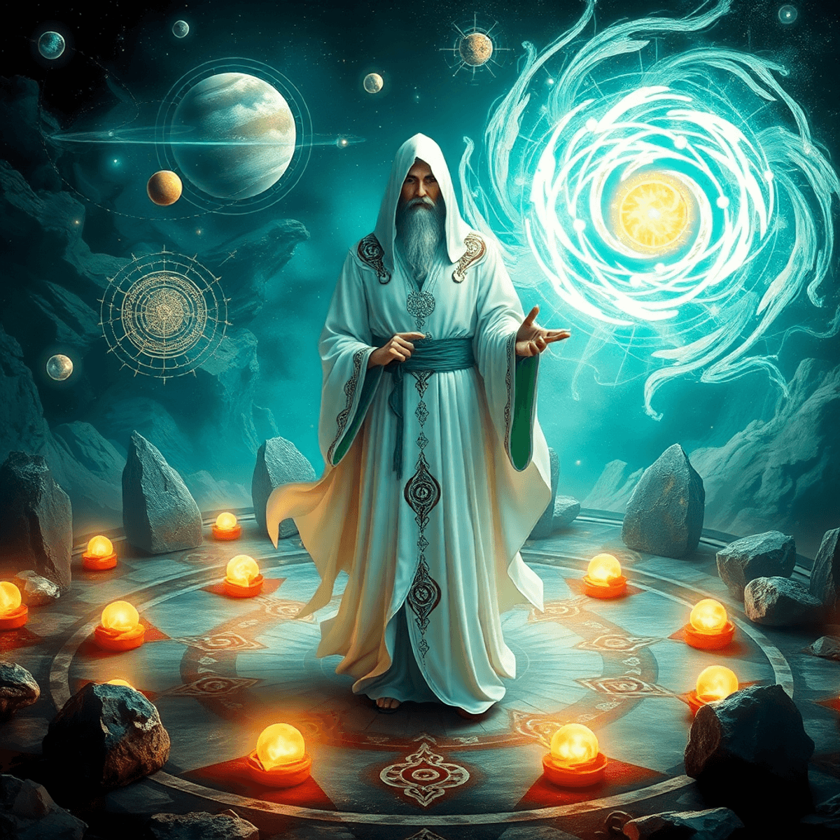Ancient robed figure in white robes with red and green patterns stands amid glowing stones and swirling cosmic energies in a mystical, ethereal cos...