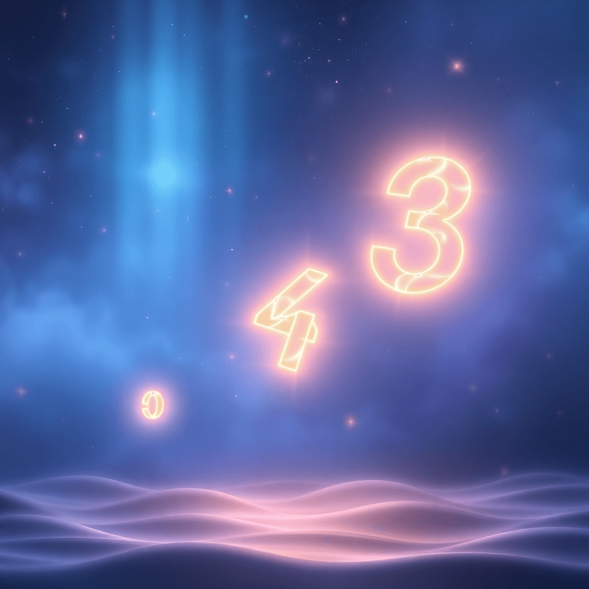 Glowing abstract numbers float in a cosmic space of deep blues and purples, with soft light beams and star patterns symbolizing universal energy co...